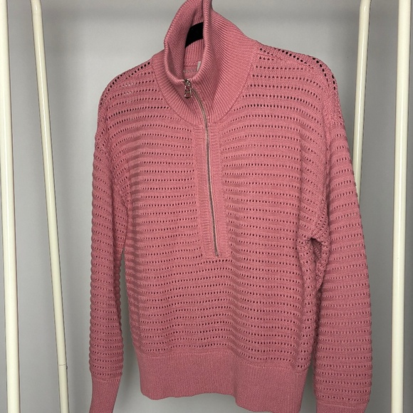Varley Open Knit Half-Zip Sweater in Rose Pink - Picture 1 of 5